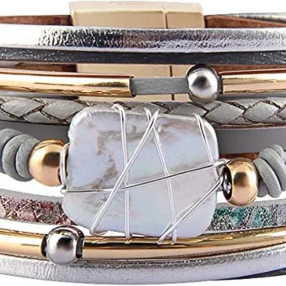 Women, Boho Leopard Multi-Layer Crystal Beads Cuff Bracelet Jewelry - Picture 3 of 4